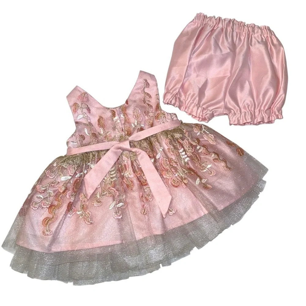 American Princess Baby Girl Dress Set 6M Pink Gold Embroidered Tulle Party Dress - Picture 4 of 10